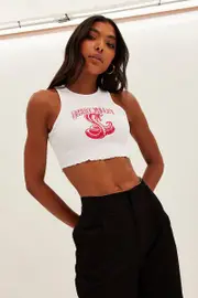 White Tank Round Neck Embroidery Lettuce Edge Cotton Rib - Size L, Women's Tank