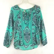 Red Camel / Teal Sheer Puff Sleeve Keyhole Tie Peasant Blouse Top NWT / Size XS