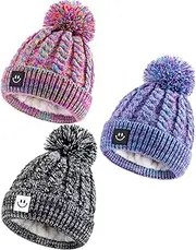 [Hispeka] Baby Beanie Hat 3 Packs with Cute Smiley Face, Baby Winter Hat Fleece Lined,Toddler Beanie with Pom Pom for Girls Boys