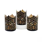 Set of 3 Black Finish Metal Candle Holders 4 Inch High Lattice Cut Lanterns f...
