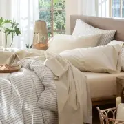 Bedding Sheet Set 100% Washed Cotton Linen Like Queen Almond Milk Grey