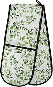 Quteprint Double Oven Mitts Watercolor Green Leaves, Heat Resistant 7"x35" Long Quilted Kitchen Oven Gloves for Baking, BBQ, Grilling & Microwave - Machine Washable with Hanging Loop