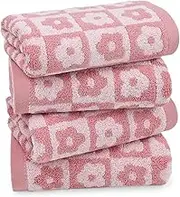 Jacquotha - Set of 4 Cotton Checkered Hand Towels with Flowers Quick Dry for Women Girls Wife 29x13 Inch