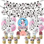Farm Animals Cow Print Party Decorating Set - Party Banner Latex Balloons Cake Cupcake Toppers