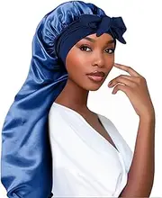 Adorila Extra Long Satin Bonnet for Women, Adjustable Braid Bonnet with Tie Band, Double Layer Elastic Silk Bonnet