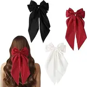 Big Bow Hair Clips, Large Hairpin French Hair Clips with Long Silky Satin Ribbon Solid Color Hair Barrettes Accessories for Women Girls (Red+Black+White)