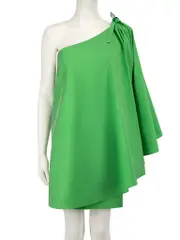 Green Taffeta One-Shoulder Ruffle Mini Dress