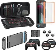 Switch 2 Accessories Bundle for Nintendo, 16 in 1 Game Kit: Carrying Case, Two Screen Protector with Alignment Frame, Steering Wheel for Mario Kart, Grip for joycon Controller Console Protective Cover