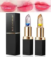 Color Changing Flower Lipstick, Jelly Temperature Change Clear Lip Blam with Flower Inside, Hydrating Moistrurizer Long Lasting Chapstick Nourishing Lip Gloss for Dry Lips (Blue&Gold)
