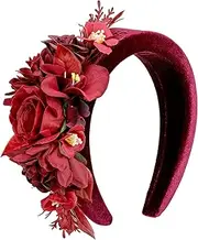Zinniday Red Floral Fascinator Headband - Elegant Red Rose Flower Headwear Vintage Classic Velvet Hair Accessories Tea Party Head Piece for Women and Girls Cocktail Events Party Costume Dress Up