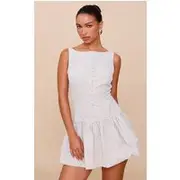 Taupe Checked Scoop Back Button Down Shift Dress, Taupe
