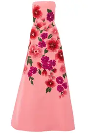 [CAROLINA HERRERA] FLORAL-EMBROIDERED STRAPLESS A-LINE GOWN US 8 PINK