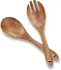 Acacia Wood Salad Tongs - 10.2 Inch Serving Utensils Set - Dinner Fork and Spoon