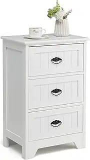 [Giantex] 3-Drawer Bedside Table, Vintage Nightstand w/Exquisite Metal Handles, Accent Table Sofa Side Table w/Anti-toppling Device for Living Room Bedroom Study (White)