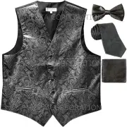 New Men's Vesuvio Napoli Paisley Tuxedo Vest Necktie, Bowtie & Hankie Dark Gray