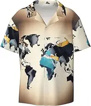 [HJLUUFT] Abstract World Map Men's Shirts,Classic Hawaiian, Cuban Styles,Vacation Wear - Breathable Button Down Shirts for Men