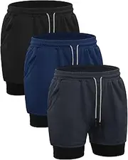 [Sureio] 3 Pcs Men's 2 in 1 Workout Running Shorts Quick Dry Athletic Gym Shorts with Liner and Side Pockets Towel Loop