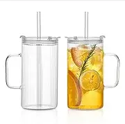 26oz Large Ribbed Glass Tumbler with Handle and Lid - Set of 2, Clear Glass Cups with Reusable Straws, Vertical Striped Design - Perfect for Iced Coffee, Tea, Smoothies, and Cocktails