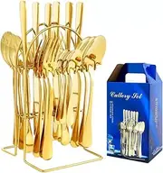 24 Piece Silverware Flatware Cutlery Set with Stand, Knife, Fork, Spoon, Stainless Steel Flatware Set Service for Home Hotel, Dishwasher Safe (24, Gold)