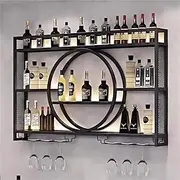 Wall Mounted Wine Rack with LED,3-Tier Metal Wine Bottle Shelf with Goblet Holder, Modern Bar Shelves Bar Liquor Bottle Display Shelf Multifunctional Bottle Rack for Home Bar No Battery (BK, 120)