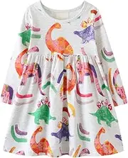 [Generic] Girls and Toddler's Long Sleeve Dress Cute Dinosaur Cartoon Appliques Print A Line Flared Skater Dress Cotton Dress Outfit Girls Tutu Dress