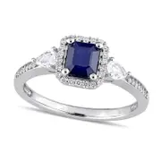 Emerald-Cut Blue and White Sapphire and 0.17 CT. T.W. Natural Diamond Frame Three Stone Engagement Ring in Solid 14K White Gold