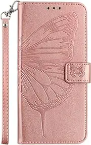 for iPhone 13 Wallet Case, Embossed Butterfly and Flower Leather Flip Cover with Card Holder,with Wrist Strap Protective Case for iPhone 13 (Pink)