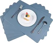 Vinjiasin Placemats Set of 6 Blue Leather Place Mats for Indoor Outdoor Kitchen Dining Table Mats Waterproof Heat Resistant Reversible Wipeable Washable Easy to Clean Sturdy