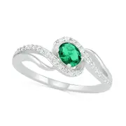 Oval Lab-Created Emerald and White Sapphire Bypass Frame Rolling Wave Ring in Sterling Silver