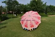 Handmade Umbrella Large Indian Garden Umbrella White & Pink Elephant Embroidery