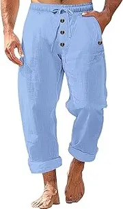 [Generic] Men Cotton Blend Seacoast Work Trouser Lightweight Drawstring Loose Casual Pants Fall Elastic Waist Cozy Beach Pants