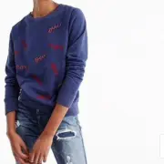 NWT J.Crew "OUI NON" Sweatshirt, size M, color Blue, embroidered, beaded, cotton