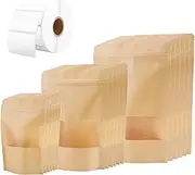AUXIN 54 Pcs Kraft Paper Bags with Window and 60 Thermal Paper, 3 Sizes Reusable Resealable Kraft Zip Lock Stand Up Food Storage Pouches for Packaging Products