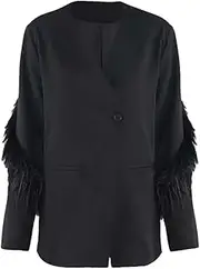 [Bciopll] Women's Blazer V-Neck Single Buttons Sleeve Spliced Feather Decorate Loose Suit Jackets