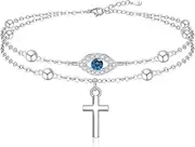[Jewlikee] Evil Eye Anklets for Women Sterling Silver Blue Evil Eye Anklet Bracelets Cross Anklet Double Layered Chain Simple Foot Jewelry Summer Beach Beaded Adjustable, Medium, Sterling Silver, Cubic Zirconia