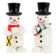 Pair Snowmen Wooden Lantern Tree German Figurines
