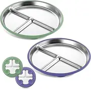 Stainless Steel Baby Plate with Suction, 9” Divided Toddler Plates with Removable Silicone Sleeves for Kids, Non-Toxic Non-Slip Unbreakable Dishwasher Safe Dinnerware(Green & Purple)