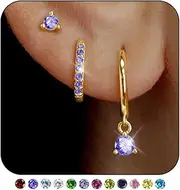 [TLY] Gold Huggie Hoop Earrings Set Small 14K Gold Plated Cute Dainty Birthstone Earrings Stack Hypoallergenic 925 Sterling Silver Post CZ Diamond Cartilage Stud Dangle Earrings Trendy Earrings for Sensitive Ears Women
