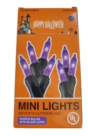 Happy Halloween UL 20 Mini Lights Purple Bulbs with Black Cord