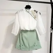 [SMDSAZ] Hanfu Women's Suit Chinese Embroidery Summer Leisure Two-Piece Set (Color : Sets, Size : L)