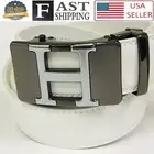 Fashion Buckle Men Leather No Hole Automatic Ratchet Slide Silver Belt White New