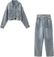 [Zadaos] Women'S Two Pieces Set Denim Jacket Perforated Short Denim Jacket Pants Set