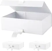 Gift Box with Lid, 3 PCS Collapsible Magnetic Closure Proposal Box with Satin Ribbons, Sturdy Storage Box for Birthdays, Weddings, Christmas (White, 30 x 24 x10cm)