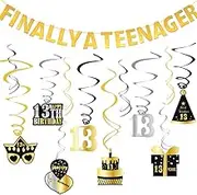 WOJOGO 13 Birthday Decorations for Boys Girls, Pre-strung Gold Glitter Happy 13th Birthday Banner & Swirls, 13 Year Old Teenager Gift Idea Party Favors
