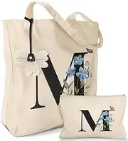 [Miss Adola] Aesthetic 2 Pack Canvas Tote Bag - with Makeup Pouch Bag for Women Reusable Grocery Bag for Gym, Travel, Work
