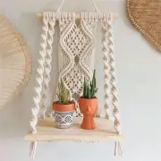 Macrame Wall Hanging Plant Decor Shelf Indoor Outdoor Floating Wood shelve De...