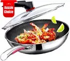 12.6 Inch Non-Stick Wok Pan with Lid PFOA PFAS Free Stainless Steel for Inductio