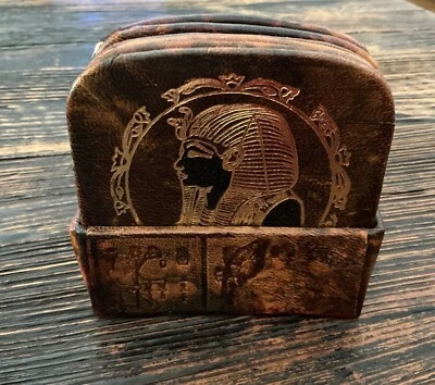 Vintage Egyptian Drink Coasters Set Of 7 Embossed Camel Leather Gold Goddess
