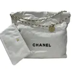 CHANEL 小牛皮中款 22包 黑字金鏈 白色