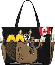 [Ghjkfbf] Beaver Print Large Capacity Beach Travel Bag For Family, Beach Tote Bag For Women With Zipper Pockets, Black, One Size